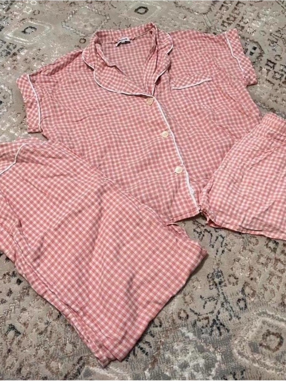 Madewell Coral Pink Gingham Three Piece Lounge Set